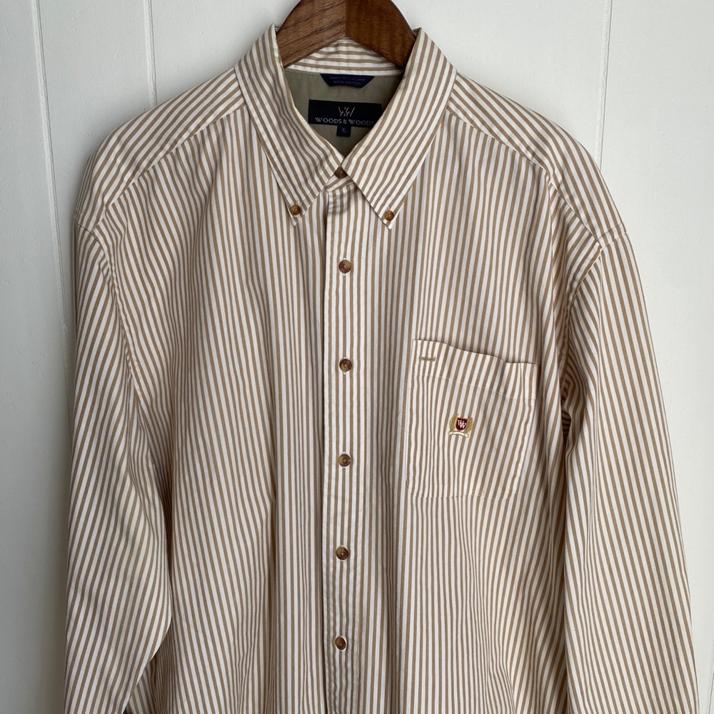 Woods & Woods Men’s Tan and White Stripe Long Sleeve Button Down Shirt | XL